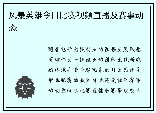 风暴英雄今日比赛视频直播及赛事动态