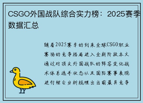 CSGO外国战队综合实力榜：2025赛季数据汇总